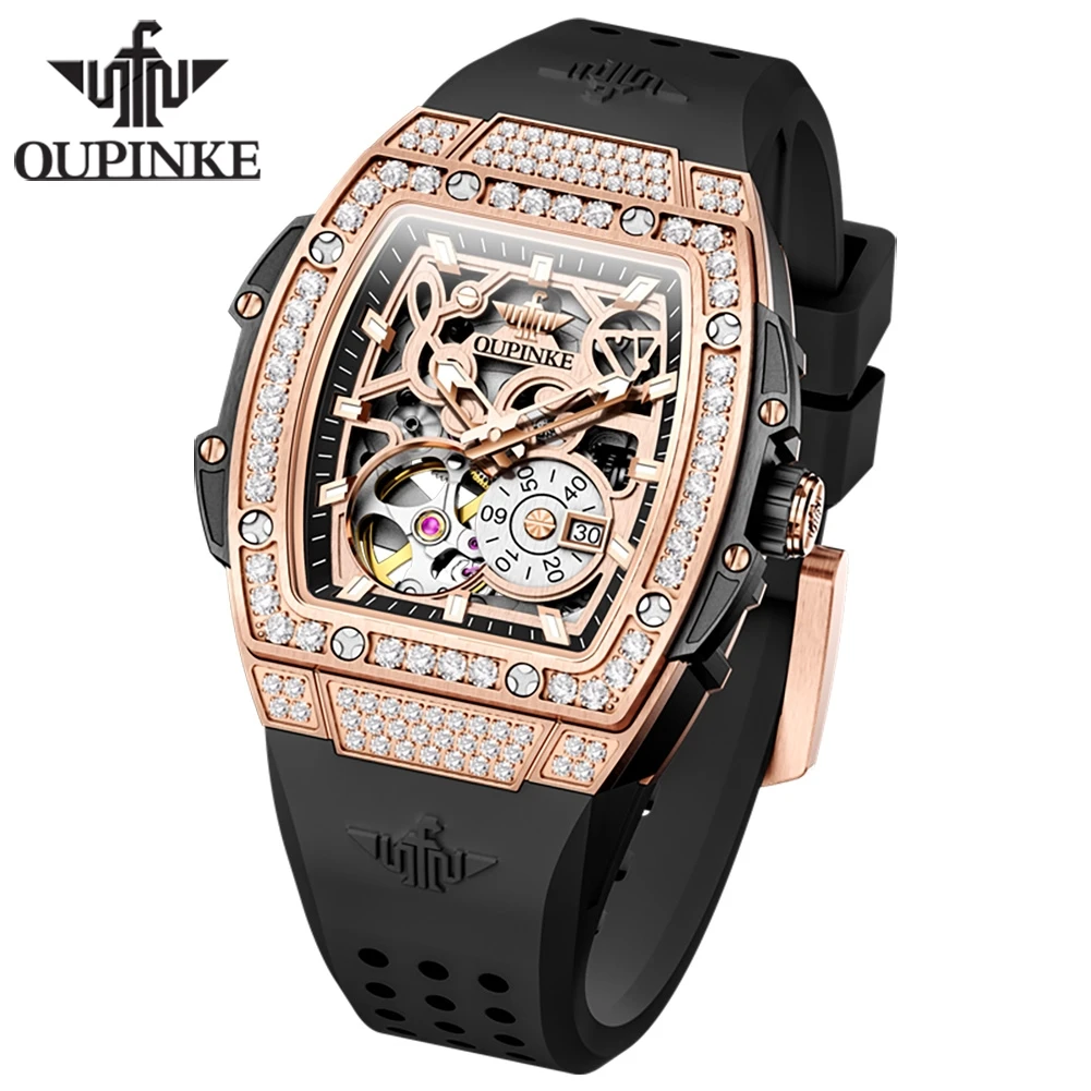 

OUPINKE женские часы, роскошный элегантный силиконовый ремешок, оригинальные автоматические механические часы для женщин, маховик с бриллиантами, циферблат Tonneau