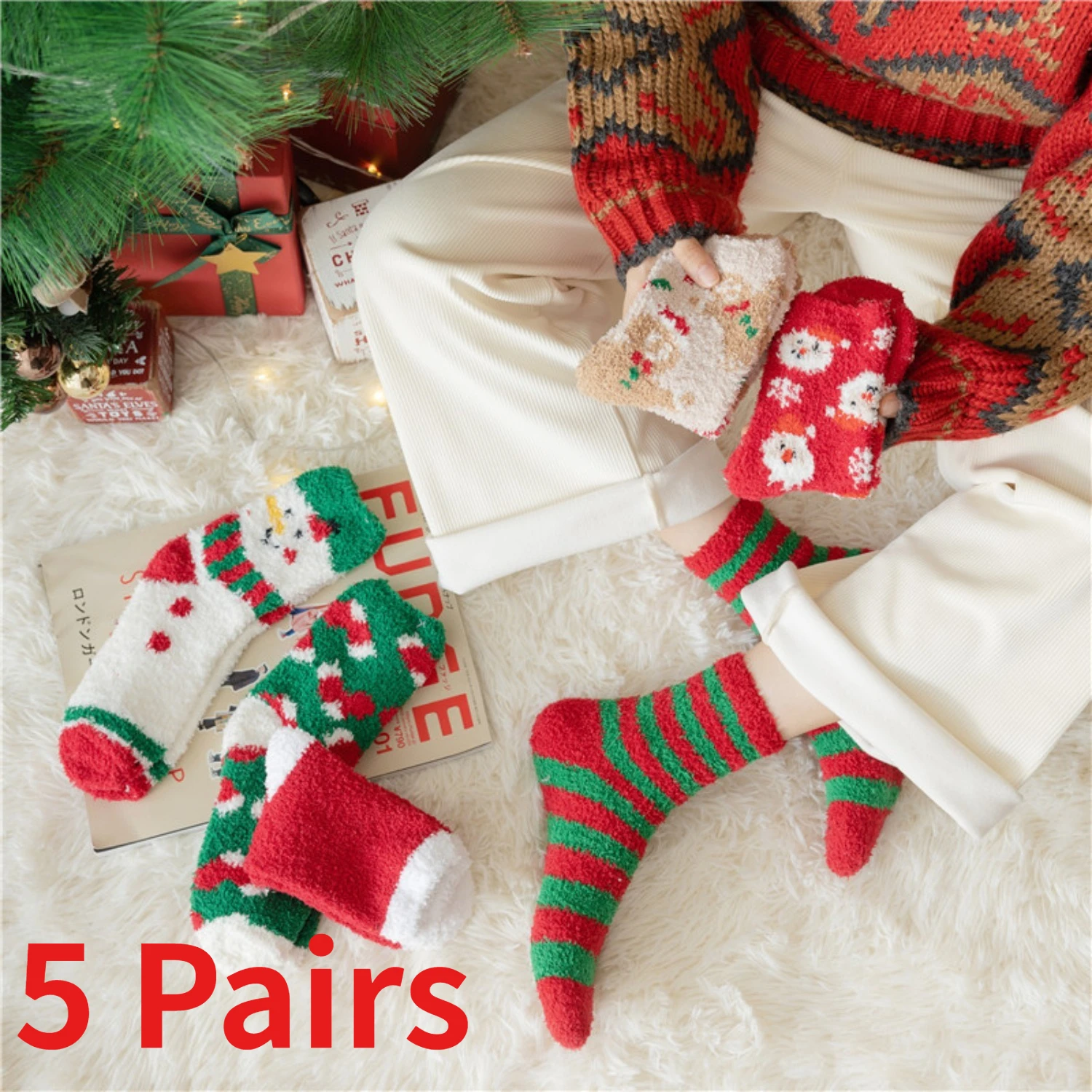 1/5 Pairs Christmas Fuzzy Crew Socks Women Men Soft Coral Fleece Santa Reindeer Tree Warm Winter Socks Holiday Gift Xmas Party