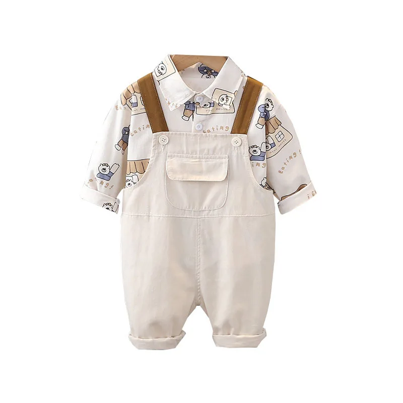 

Children Cute Cartoon Bear Shirt + Solid Color Overalls Kids Clothes Set Boys Thin Style Outfit 2PCS