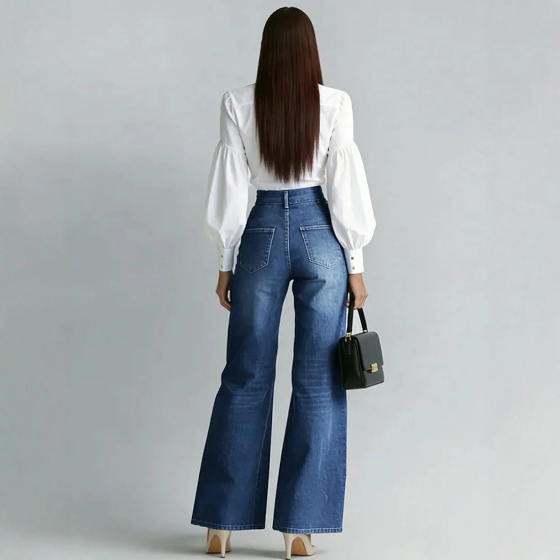 

European American Women's Fashion Zipper Decor Slant Pocket Wide Leg Jeans Casual High Waist Elegant Loose Denim Trousers
