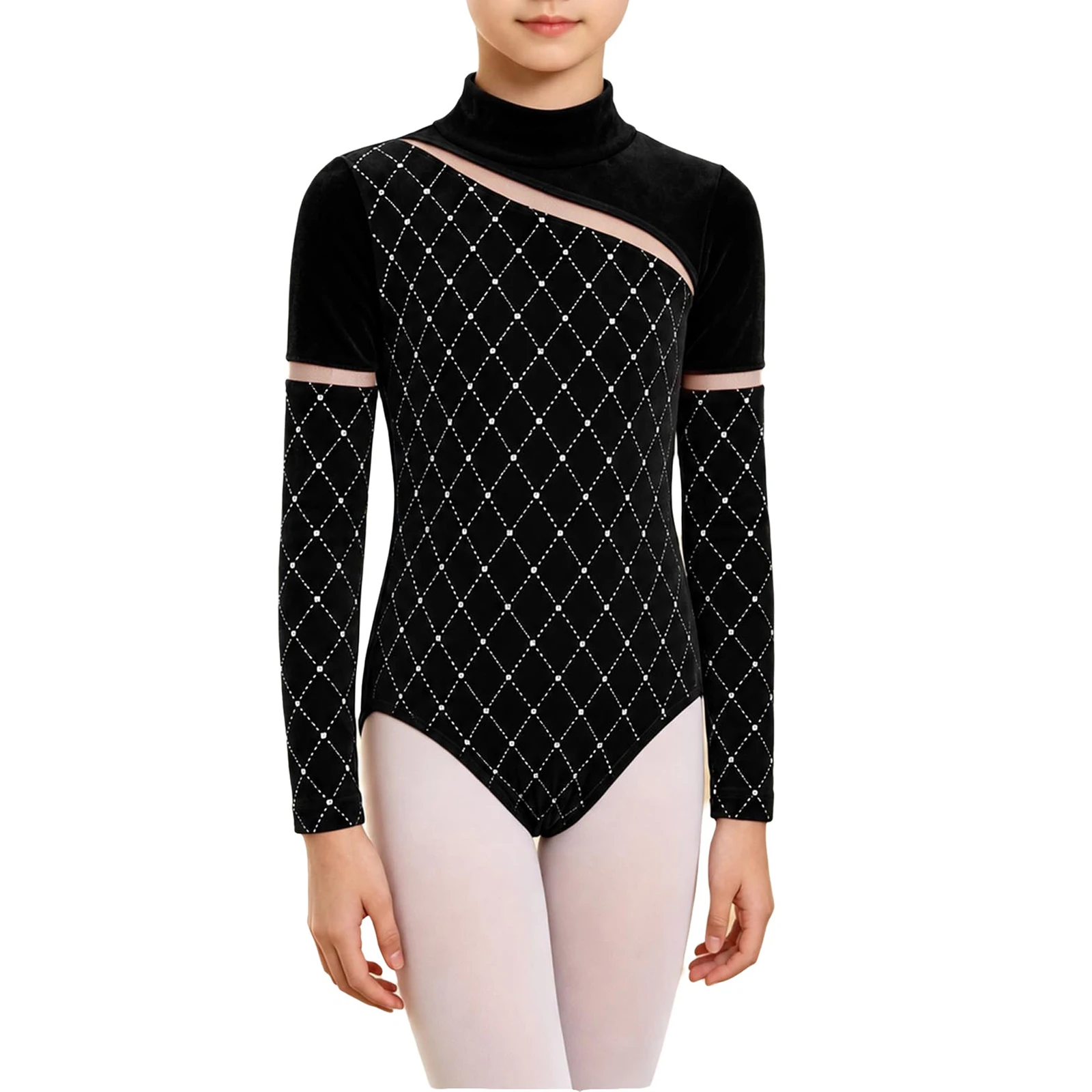 Kids Girls Ballet Dance Gymnastics Leotard Long Sleeve Metallic Rhombus Velvet Bodysuit for Figure Skating Acrobatic Performance