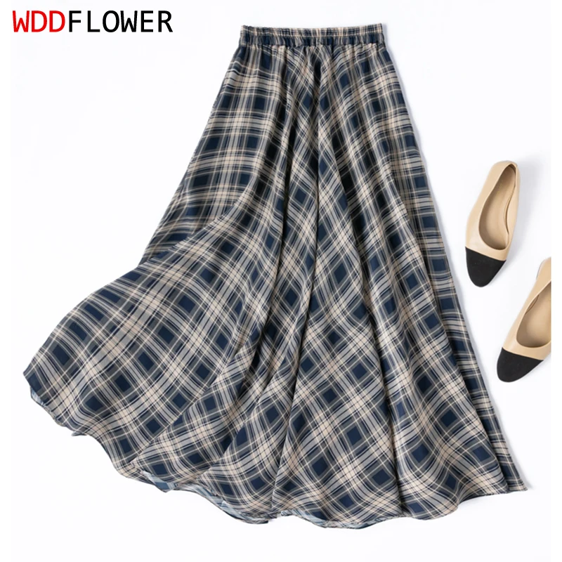 

Women Silk Skirt 100% Mulberry Silk Blue Checks Floral Printed Long Type Midi Skirt Summer Beach 3.7 Meters Big Hemline M1412