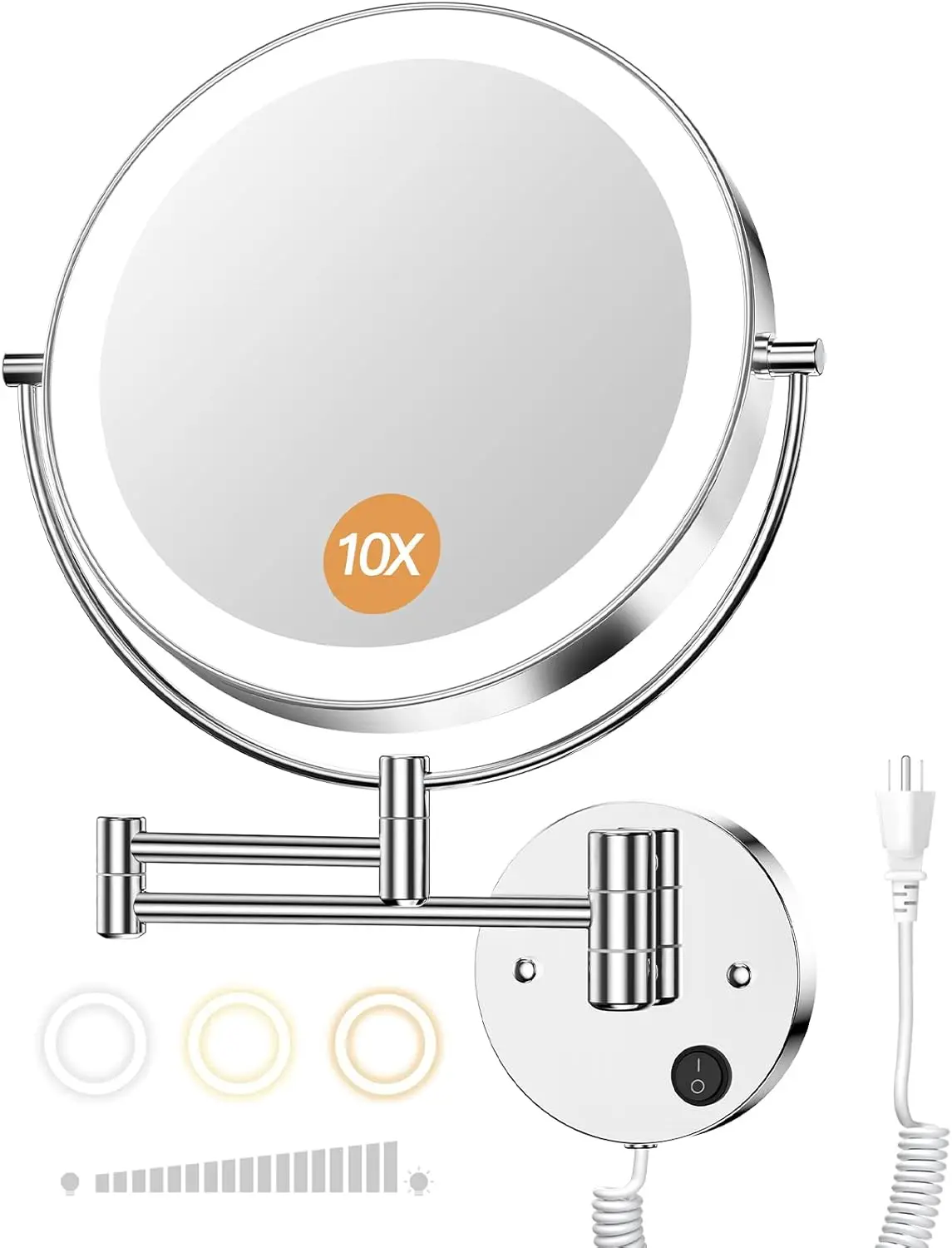 

9" Wall Mounted LED Magnifying Mirror, 10X/1X Dual-Sided with Touch Dimming & Extendable Arm for Bathroom