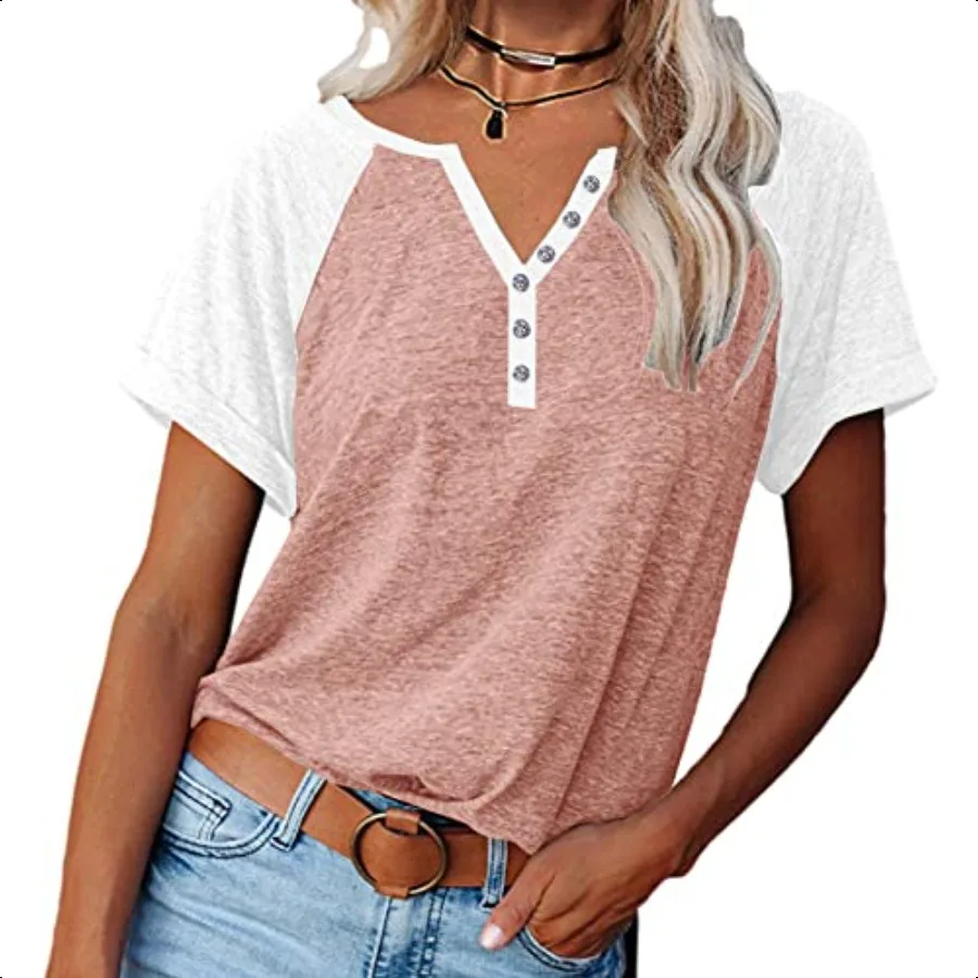 

Womens V Neck Basic Tops Color Block Tunic T Shirts Summer Short Sleeve Casual Cotton Tees Shirts