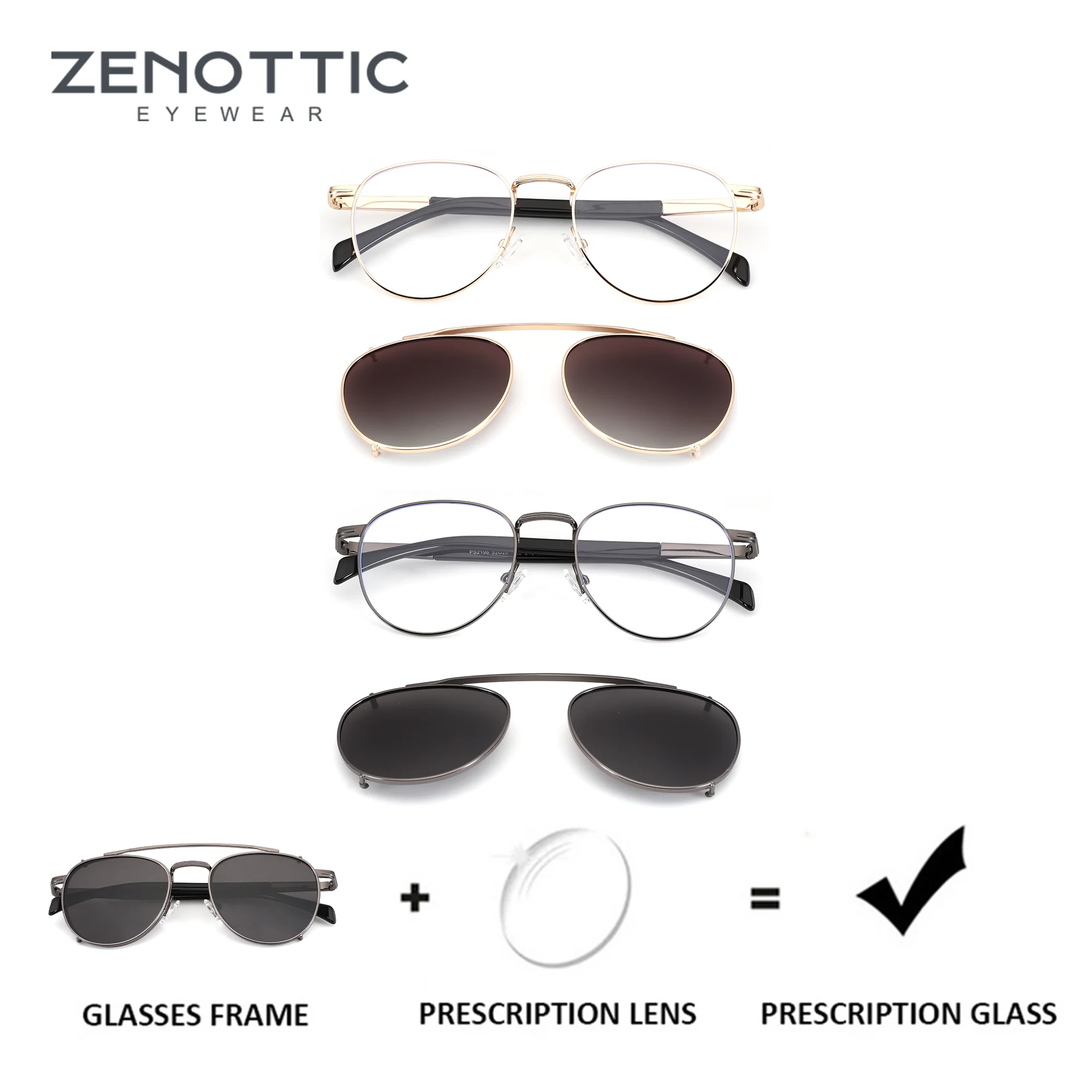 ZENOTTIC L Size Men's Multifocal Glasses Square Metal Frame Clip On Lenses Set Anti Blue Light Myopia Optical Eyeglasses
