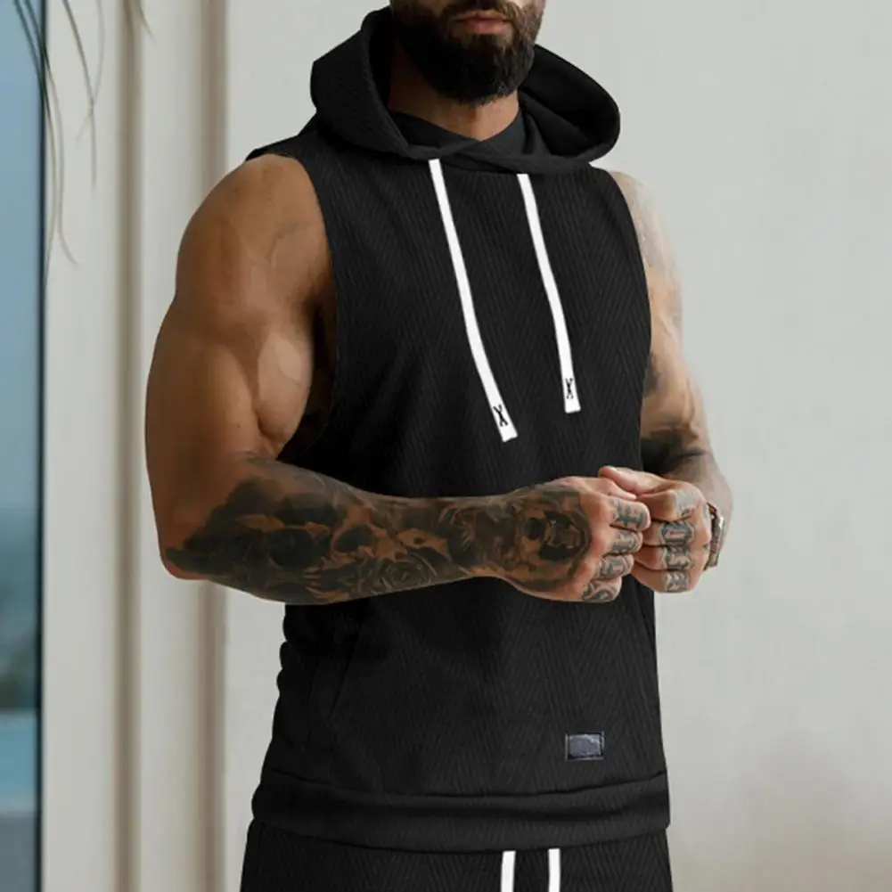 Solid Color Sleeveless T-shirt Men Hooded Vest Men's Casual Hooded Knitted Vest with Front Pocket Large Pockets for Fitness