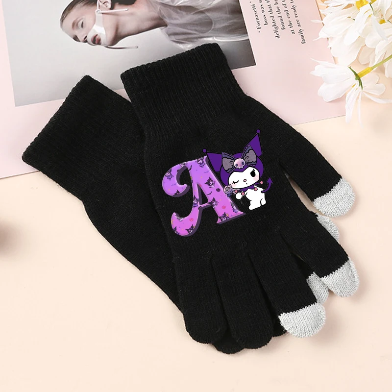 Kuromi Sanrio Girls Gloves Kawaii Cartoon Letter Printed Knitted Gloved Kids Winter Outdoor Warm Glove Children Birthday Gifts