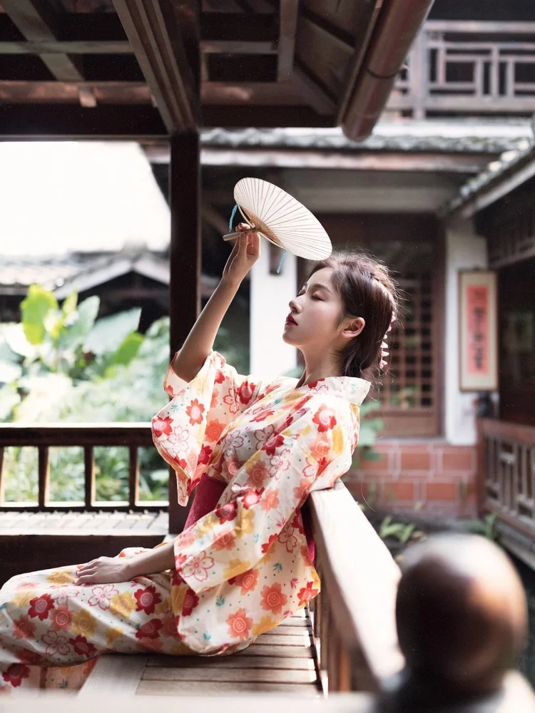 Women's Japanese Style Floral Kimono Modernized Yukata Photography Long Dress
