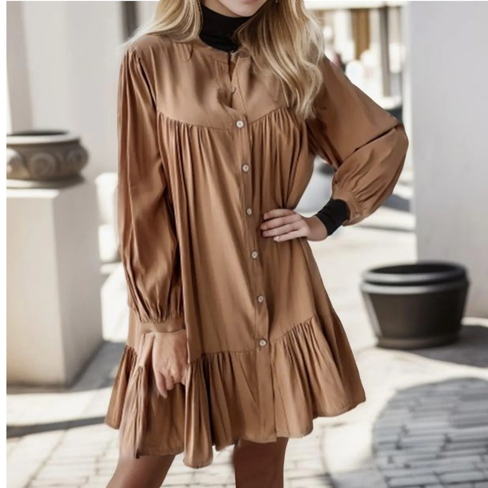 Vintage Ruffled Front Button A-line Blouse Women Long Sleeve Stand Collar Solid Elegant Casual Mini Dress 2023 Autumn New Tops