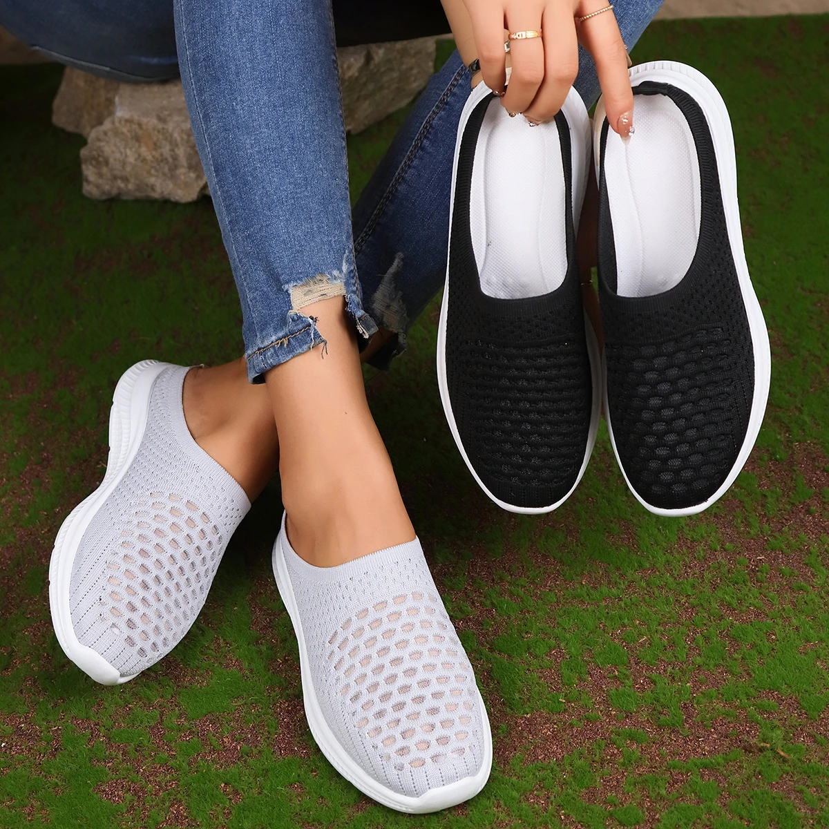 Zapatillas vulcanizadas de malla transpirable para mujer, zapatos informales de tendencia de verano, suela suave y cómoda, 42, 2024