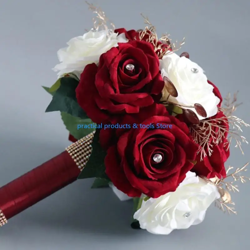 77JB الزفاف باقة زهرة رومانسية باقة الاصطناعية الأبيض والنبيذ زهور الوردة الدعائم الفوتوغرافي للعروس يوم باقات الزفاف العروس #2