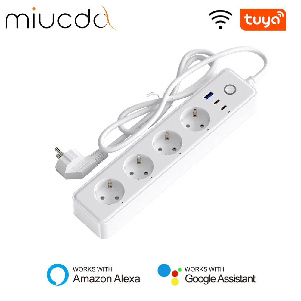 MIUCDA Tuya Strip daya soket WiFi, Charger cerdas adaptor perjalanan daya AC, ekstensi Strip daya Multiprise 1.5m 1 USB/2 tipe-c