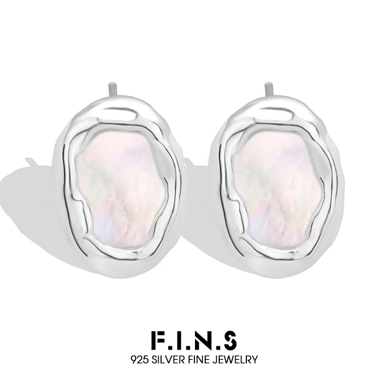 F.I.N.S Minimalist Style S925 Sterling Silver Shell Stud Earrings for Women Textured Irregular Pierced Ear Hypoallergenic Jewel