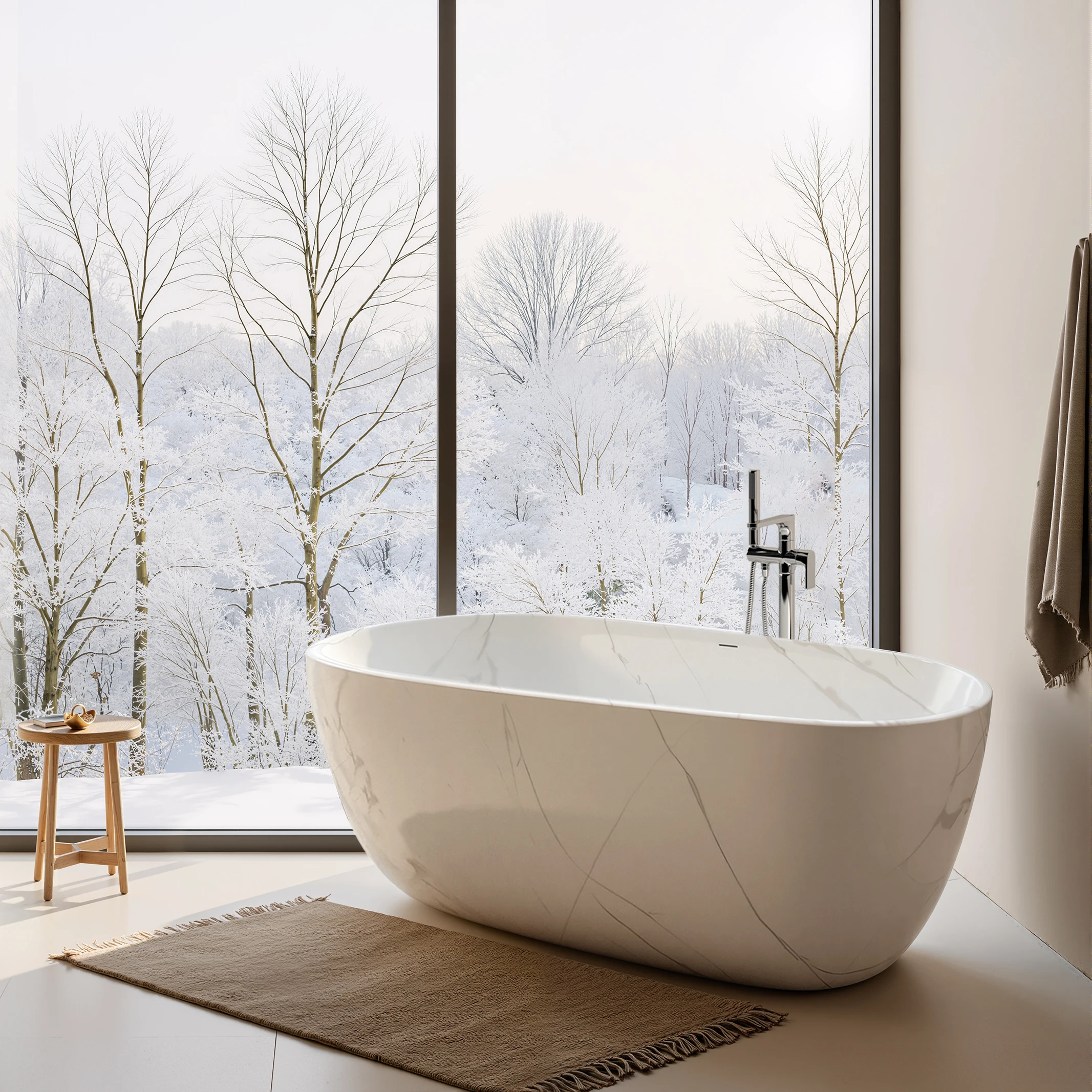Acrylic Soaking Bathtub, Freestanding Oval Bath with Marble Vein Design, Whirlpool Compatible Indoor Tub, 1400-1800mm/55-70inch