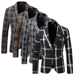 2025 New Men Business Social Grid Suit Single Button Jacket Homme Wedding Ball Party Casual Thin Blazer