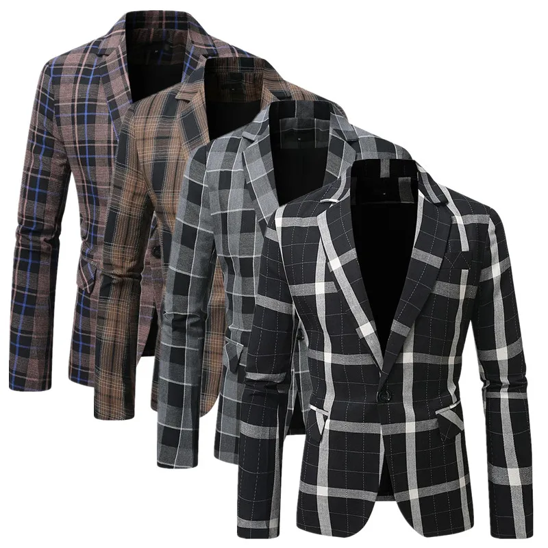 2025 New Men Business Social Grid Suit Single Button Jacket Homme Wedding Ball Party Casual Thin Blazer