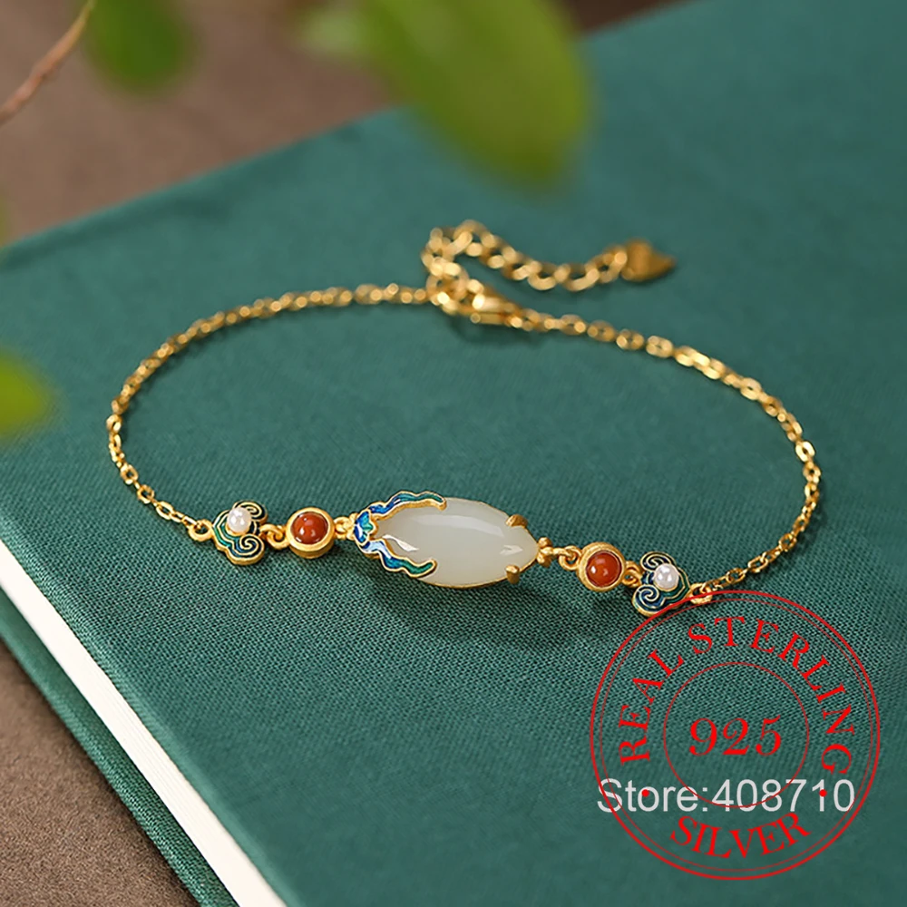 

925 Sterling Silver Jewelry Natural Jade Auspicious Clouds Charm Bracelet for Women Wedding Party Jewelry For Girls Friends Gift