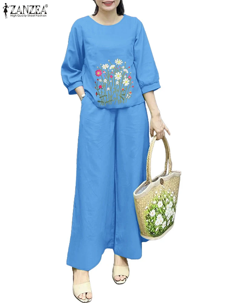 

ZANZEA Floral Print 3/4 Sleeve Blouses Day Wear 2 Pieces Sets Casual Spring Vintage Wide Leg Pants Pant Sets Womens 2pcs Outfits