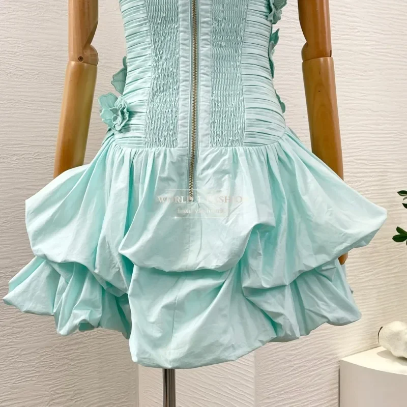 純綿2025新作ブルー袖なし花柄アップリケ女性用ホリデーミニドレス