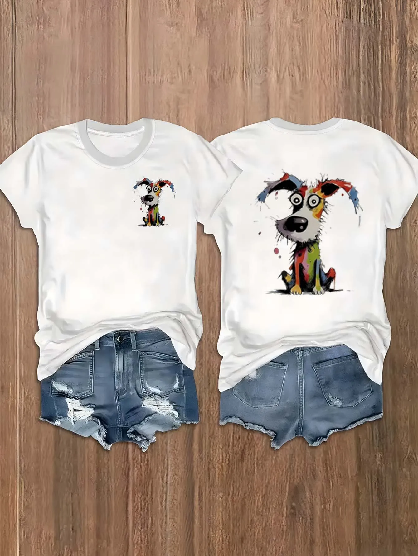 

Плюс размер художественный граффити собака двухсторонний принт модный модный топ милый красочный узор собаки шикарная стильная футболка