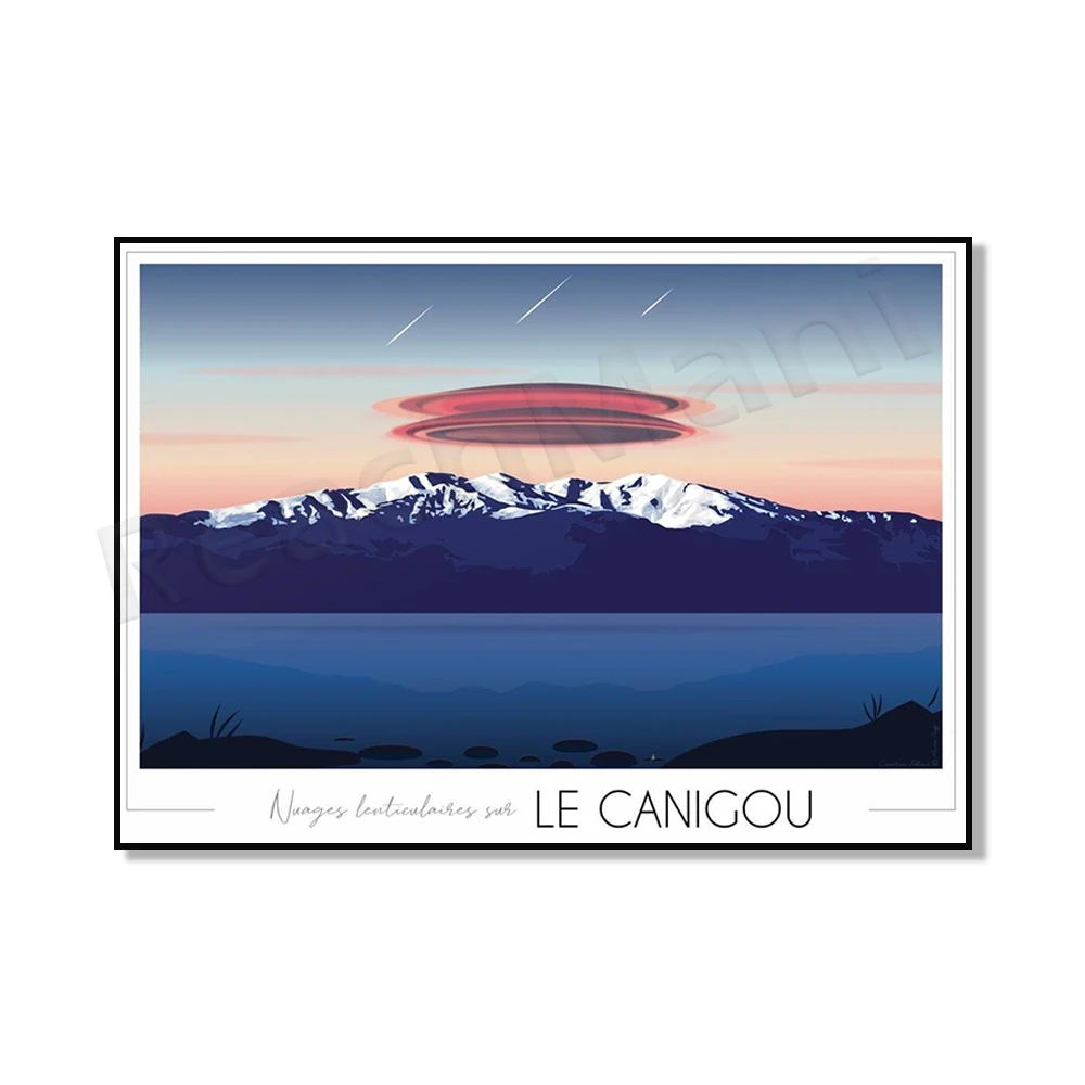 Le Canigou travel poster, Eastern Pyrenees, Port Vendre lighthouse, Mara beach, Catalonia, Banyuls-sur-Mer, France travel poster