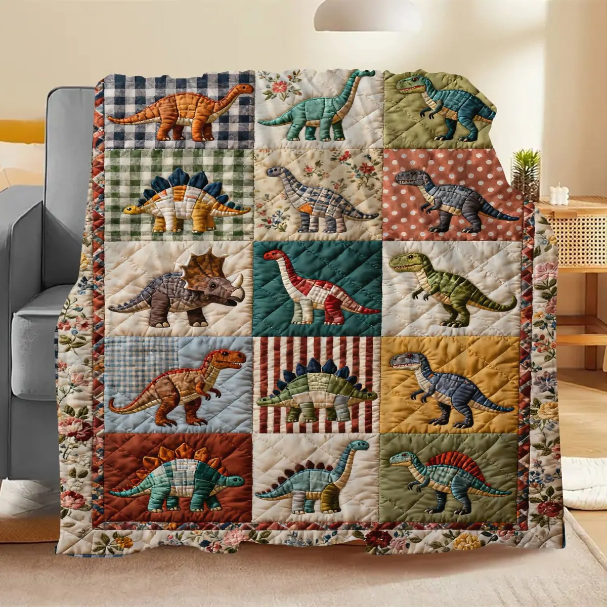 Vintage Dinosaur Patchwork Bedspread/Throw Blanket - Soft Flannel Bed Cover with Dino Patches, Cozy Room Decor for Home And Car,