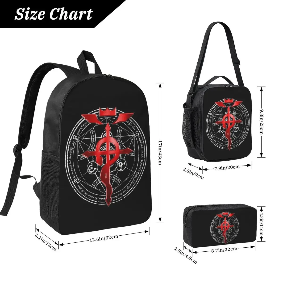 Fullmetal Alchemist Transmutation Symbol Backpack Student BookBag School Bag Shoulder Bags 3ps Insulated Lunch Bag Pencil Case