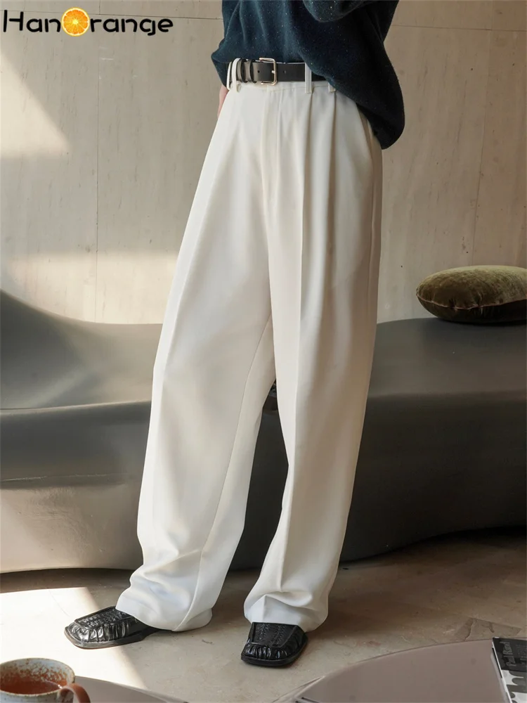 

HanOrange 2024 Winter Simple High Waist Wide Leg Pants Women Loose Straight Casual Crisp Trousers Female White/Black