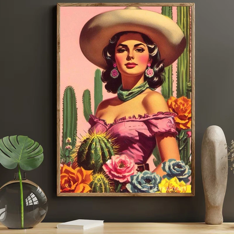 Modern Chica Latina Cowgirl Portrait Canvas Prints Retro Plant Cactus Flower Wall Art Poster for Living Room Mexican Home Decor