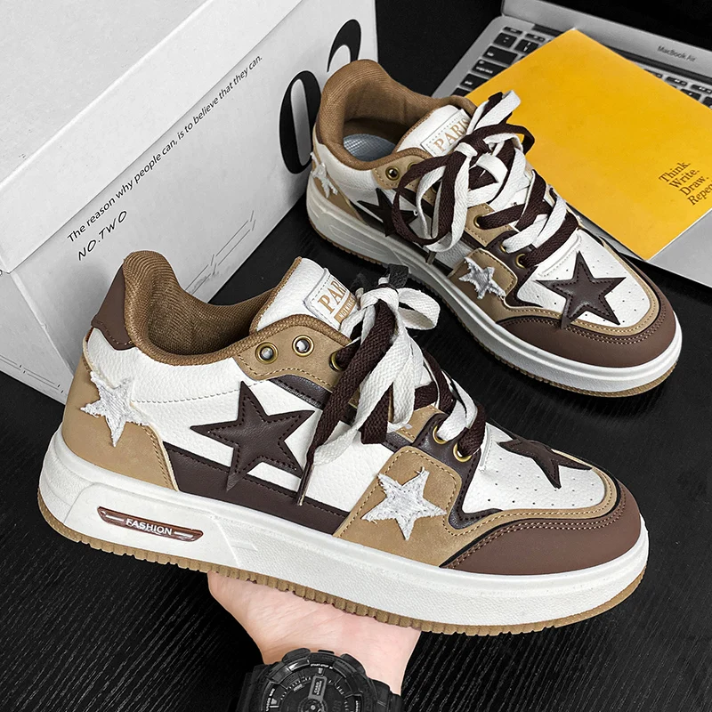 Men's Star-Patterned Low-Top Retro Sneakers, Casual Shoes for Students, Distressed Patchwork Design, Suitable for All Seasons