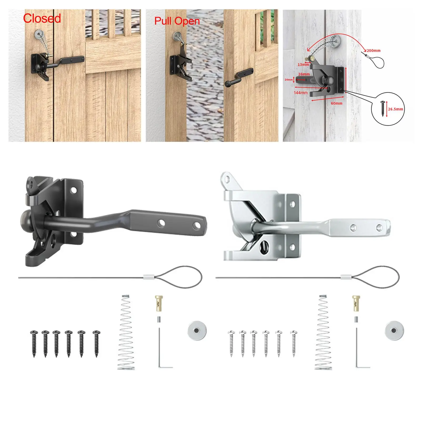 

Fence Gate Latch Self Locking Cable Pull Post Mount Gravity Latch for Backyard Shed Metal Fence Secure Pool Vinyl Fences