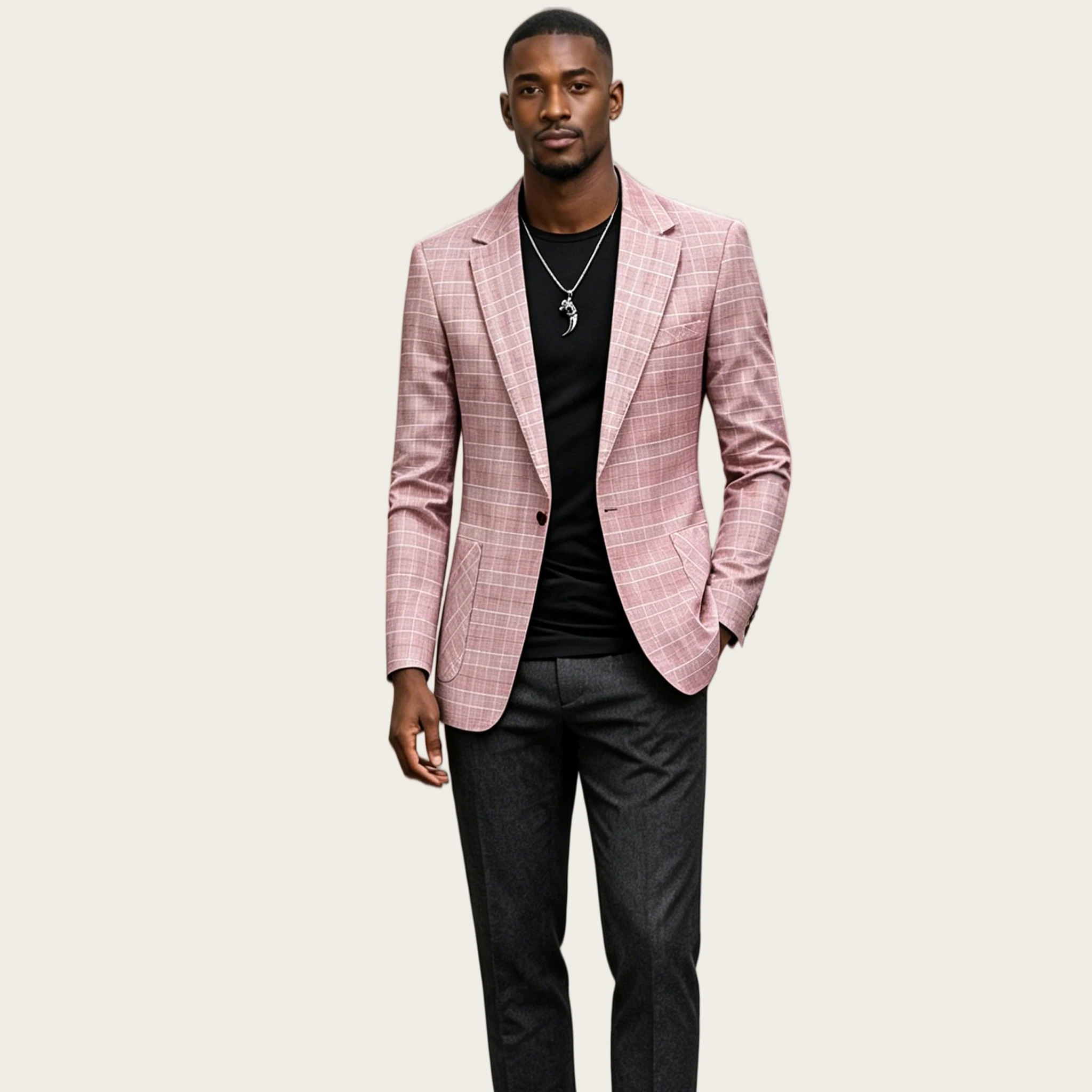 

Mophiel Pink Plaid Men's Suit and Separates Notched One Button Single Jacket Wedding Outfit Blazer Slim Fit Business Customized