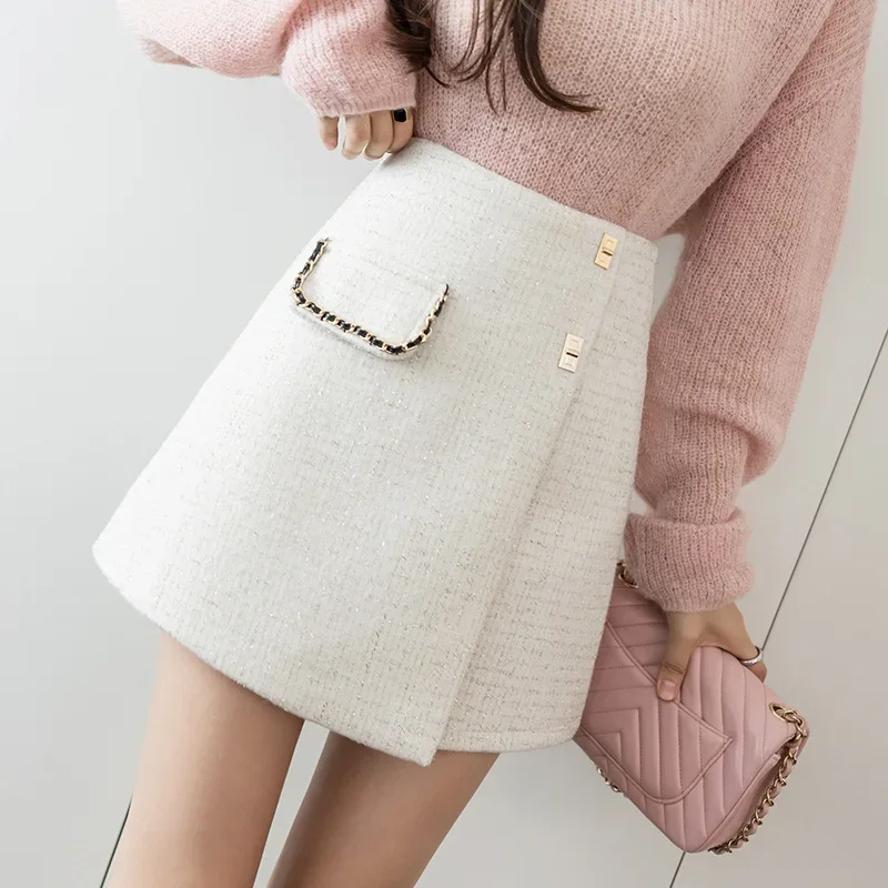 2024 Autumn Winter New High-waisted Tweed Style Woolen Skirt Anti-exposure Short A- line Skirt For Women Fashionable Casual