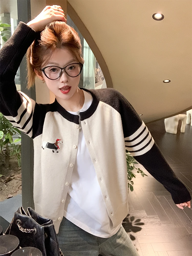 

Корейский вязаный свитер с эффектом похудения Sle Long Sve round Ne, женский универсальный повседневный открытый кардиган с принтом Faion