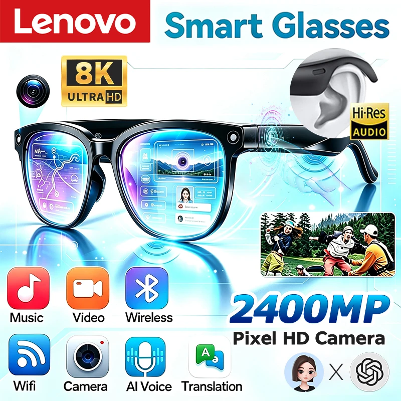 Lenovo Smart Camera 8K HD Video Recording Bluetooth Call Translation AI Voice Assistant Outdoor Sports Sunglasses for Gifts