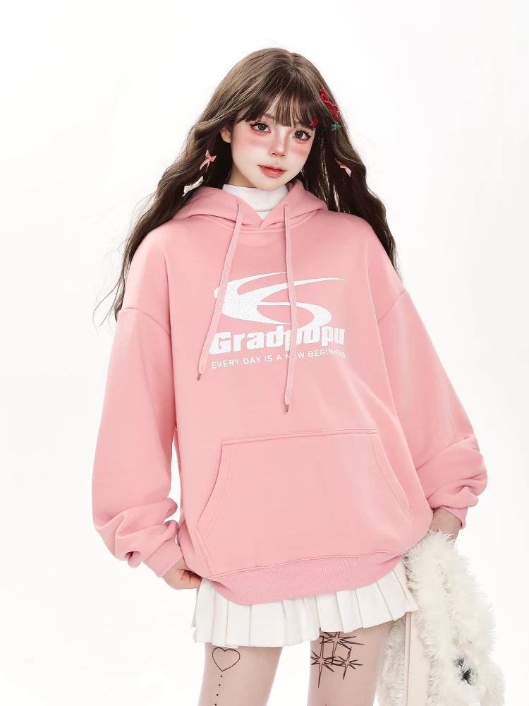 Korean Style Sweet Cool Pink Letter Print Drawstring Hoodies Loose Casual Fleece Warm Pullover Sweatshirts Top for Women Winter