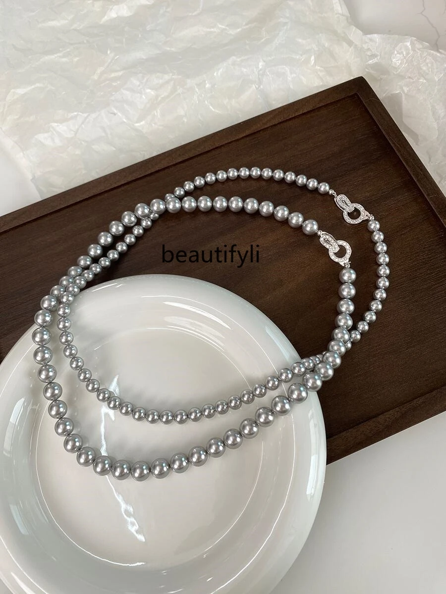 

New silver-gray zircon design beaded pearl necklace high-end light luxury exquisite niche retro collarbone chain