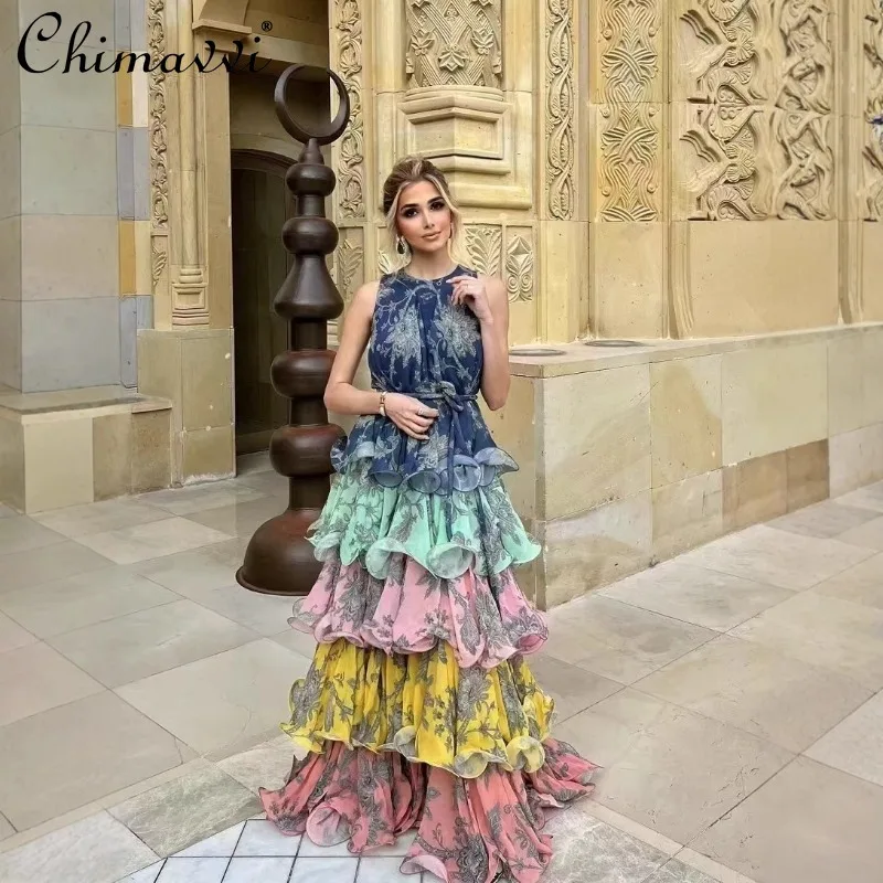 

2025 Spring and Summer New Round Neck Vest Retro Printing Layer By Layer Ruffle Edge Long Dress For Women
