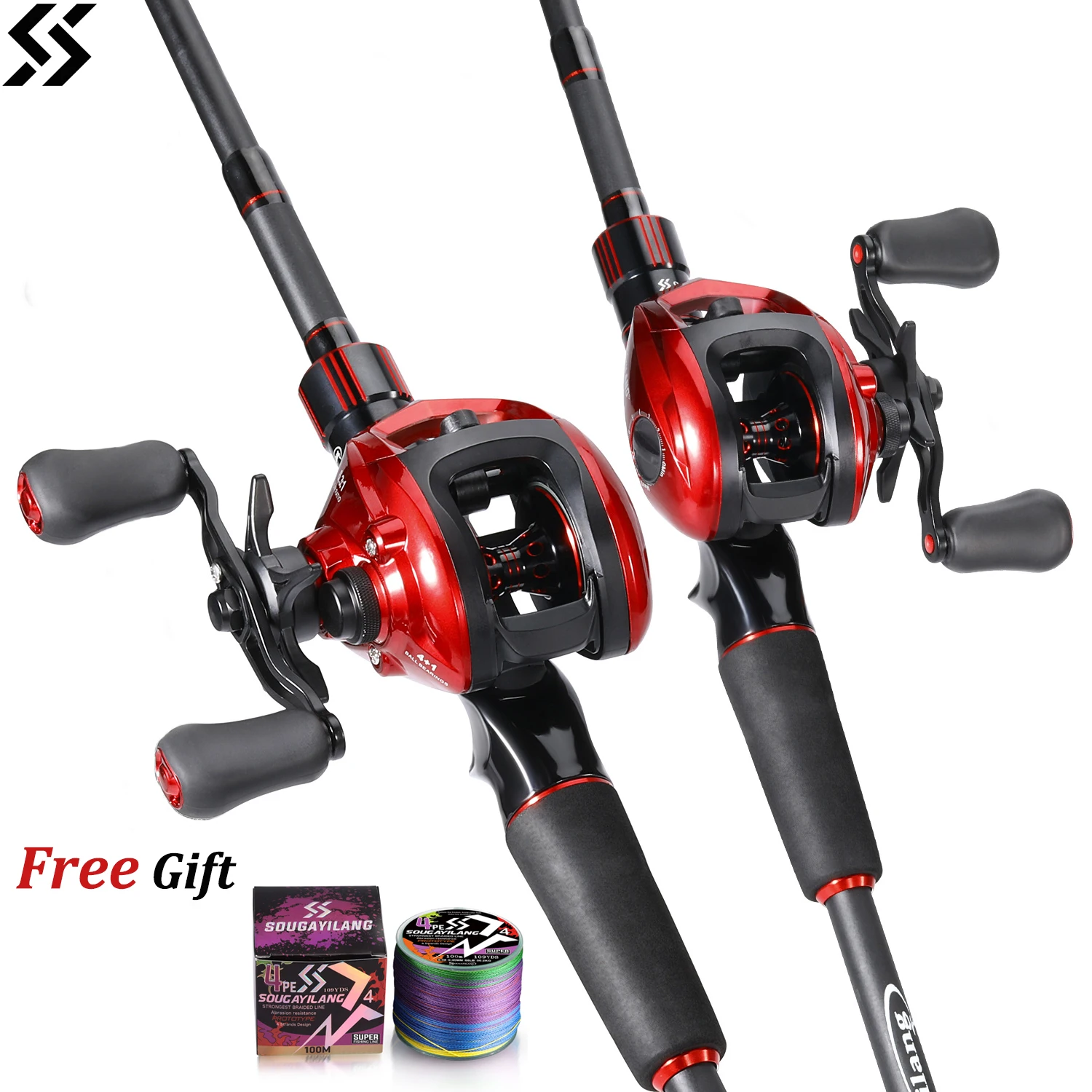 Sougayilang-caña de pescar Baitcasting y carrete combinado, caña de alto carbono y relación de engranaje 6,3: 1, Kit completo de carrete con línea trenzada de 100M y 4X