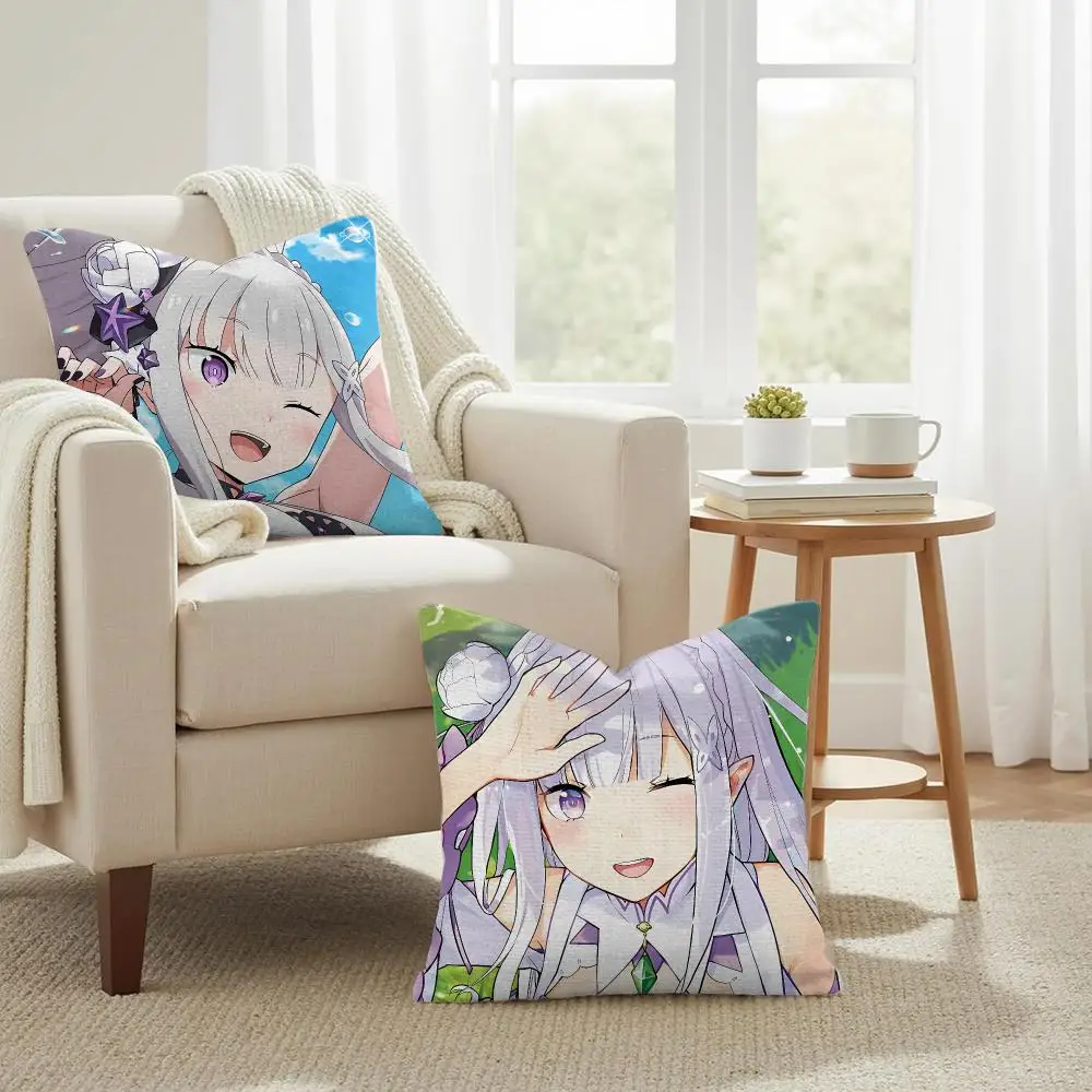 Anime R-ReZero Cushion Cover Natural Linen Organic Fabric Double-Sided Printing Sofa Home Decor Gift Pillow Case