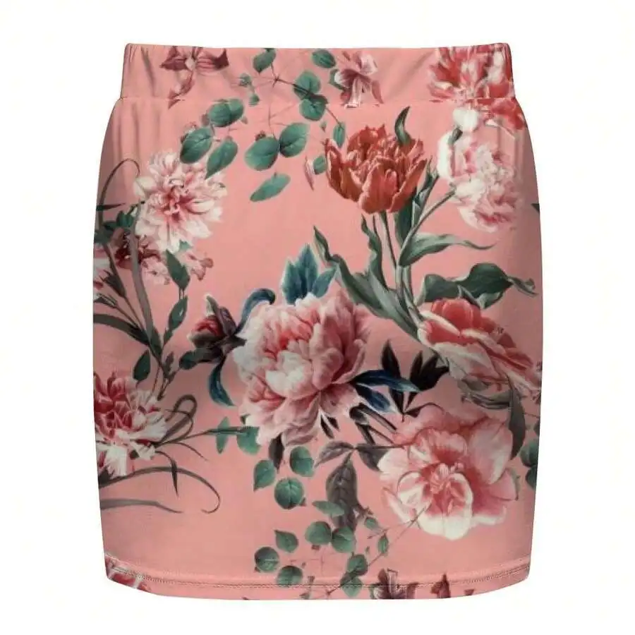 Women Summer Bodycon Mini Skirt Vintage Floral Print Peony Eucalyptus Lightweight Cotton Blend