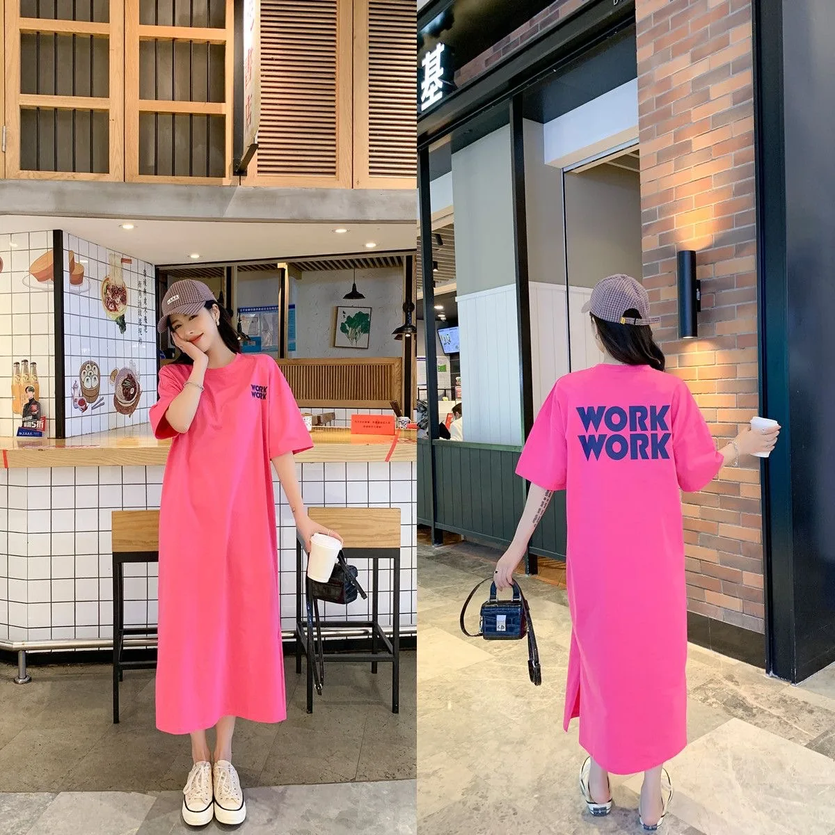 

Summer Casual Long Dress Women's Loose Printed Letter Short Sleeve Mid-calf Length T-Shirt Dress Korean Style Split Dress
