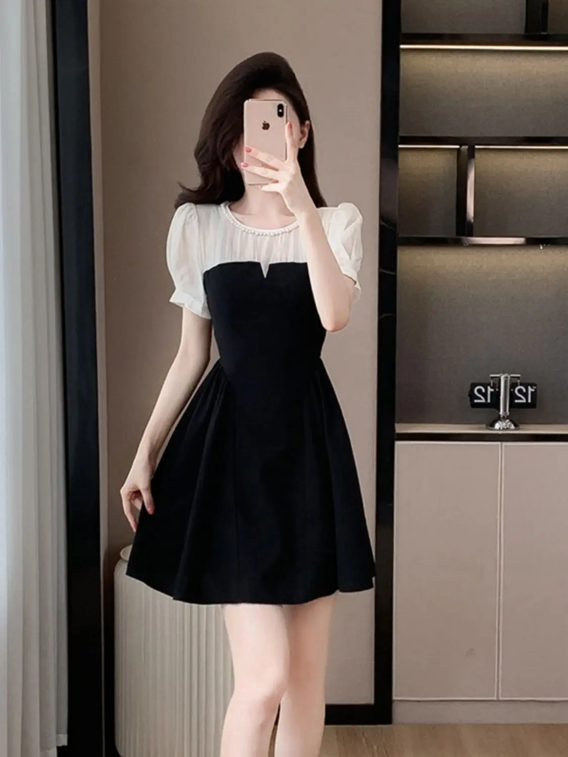 

2025 Summer New Style Splicing Temperament Waist-hugging Black Dress