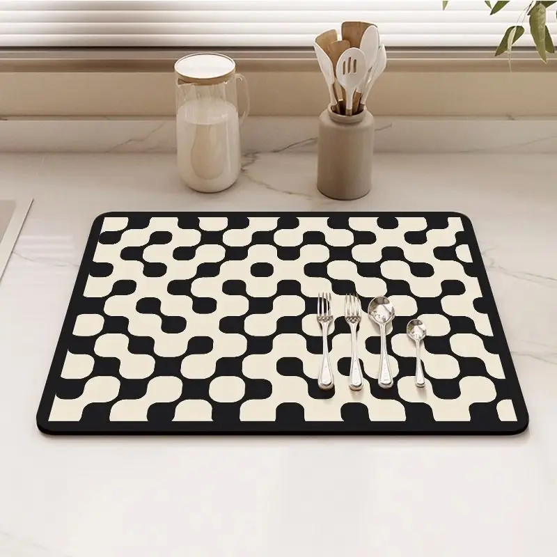 VIKAMA Vintage Checkered Tableware Drainer Mat Coffee Bar Absorbent Quick Dry Mat Non Slip Kitchen Table Countertop Home Decor