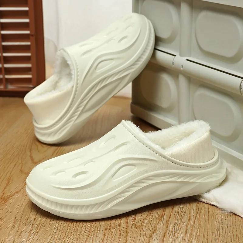 Women Men Winter Fuzzy Lined Clogs Waterproof EVA Slip On Cotton Shoes Anti Slip Thick Sole Indoor Outdoor Warm House Slippers