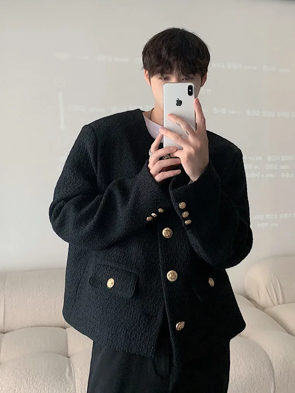 Retro Style Short Casual Coat with Single Button round Neck Thick Tweed Material for Spring Fashionable And Popular among Youth