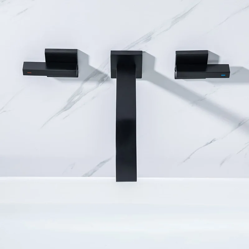 

Black Wall Mounted Waterfall Faucet 3 Hole Sink Faucet Double Handle Basin Faucet Hot And Cold Mixer Faucet
