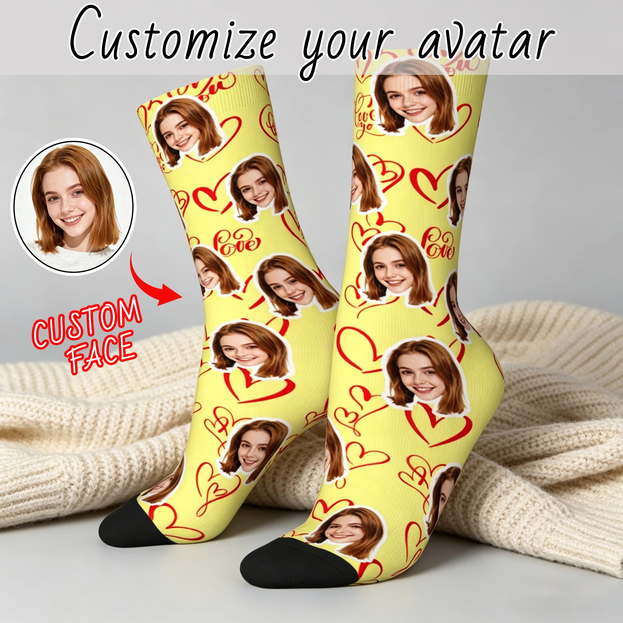 Custom face pattern socks unisex personalized fun socks with face pattern custom with  Valentine's Day gift