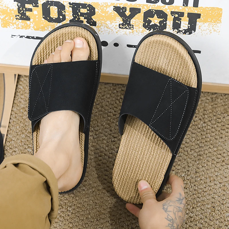 Men's Summer Outdoor Anti-slip Thick Bottom Casual Sports Soft Bottom  Grass Woven Trendy Slippers Home Wear