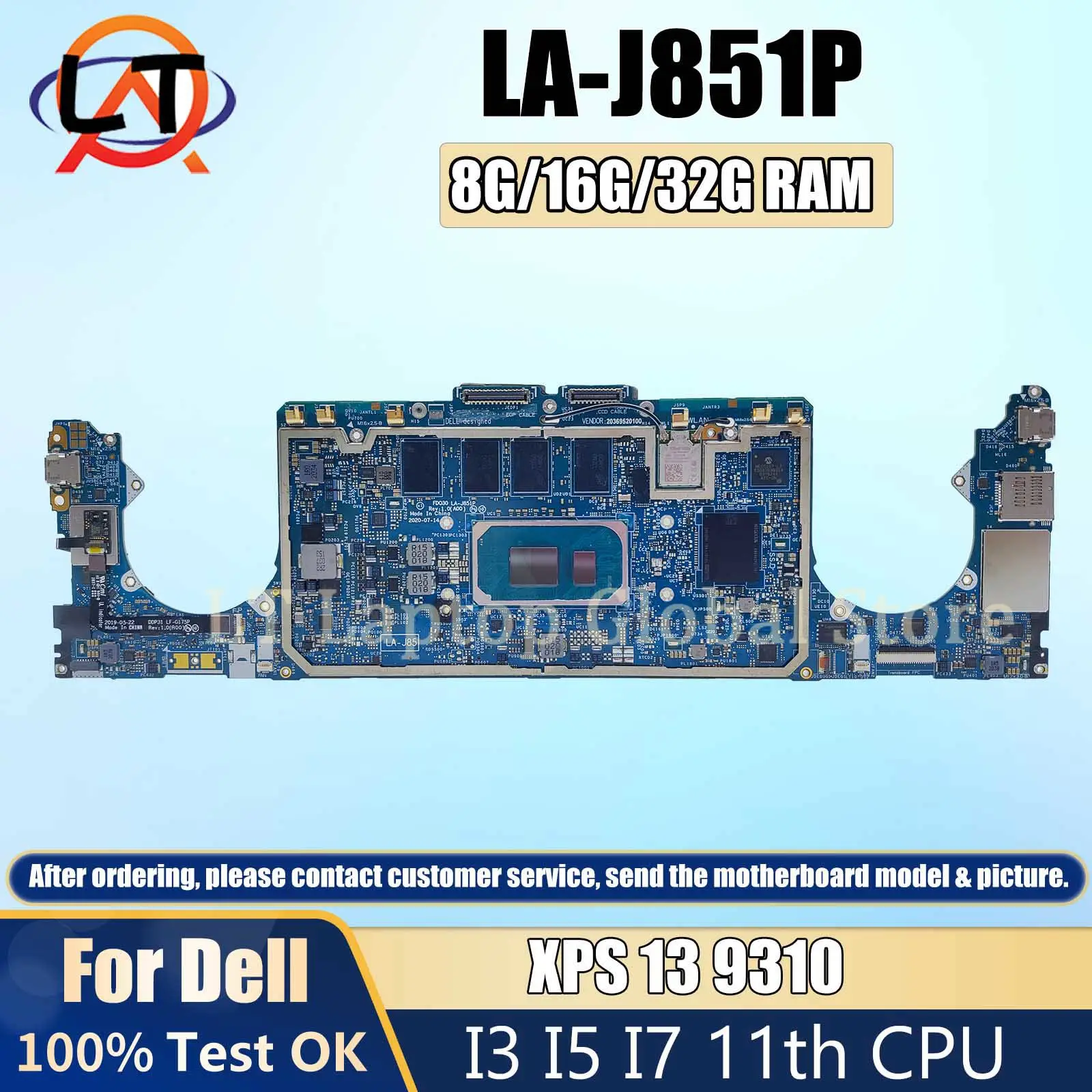 

LA-J851P Laptop Mainboard For Dell XPS 13 9310 0NVVG 0062CR Notebook Motherboard With CPU I3 I5 I7 11th Gen 8G/16G/32B RAM